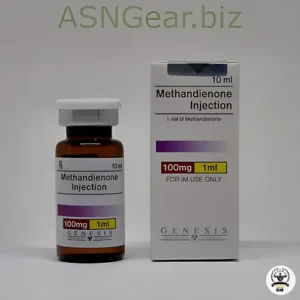 A 10 ml vial of Methandienone Injection by Genesis with a clear liquid, labeled with dosage and branding, sealed with a metal cap and tamper-evident ring, on a neutral, blurred background.