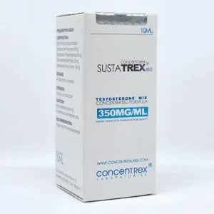 Sustatrex 350 injection vial with 350 mg Sustanon, a blend of testosterone esters. Used for hormone replacement therapy and muscle gain. Image shows the vial and packaging.