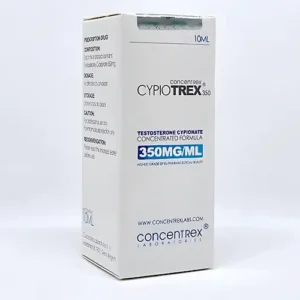 Cypiotrex 350 injection vial containing 350 mg of testosterone cypionate. Used for hormone replacement therapy and muscle gain. Image shows the vial and packaging.