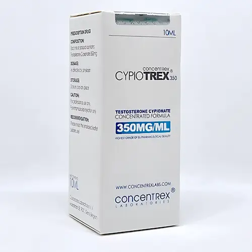 Cypiotrex 350 injection vial containing 350 mg of testosterone cypionate. Used for hormone replacement therapy and muscle gain. Image shows the vial and packaging.