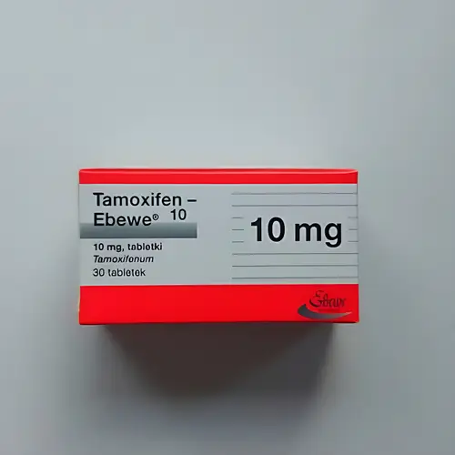 Tamoxifen Ebewe blister pack containing 10 mg tablets, used for the treatment of breast cancer. This medication is manufactured by Ebewe Pharma and is commonly prescribed to prevent the growth of cancer cells. The image shows the packaging and a single tablet to provide a clear view of the product.