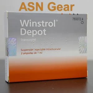 A glass vial labeled "Desma Winstrol Depot" sits on a polished surface. The amber liquid inside catches the light, emphasizing its purity. Next to it, a box marked "Winstrol Desma Original" showcases the product's authenticity.