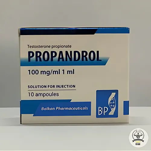 Clear ampule of Propandrol by Balkan Pharma, showcasing Testosterone Propionate, labeled for muscle enhancement.